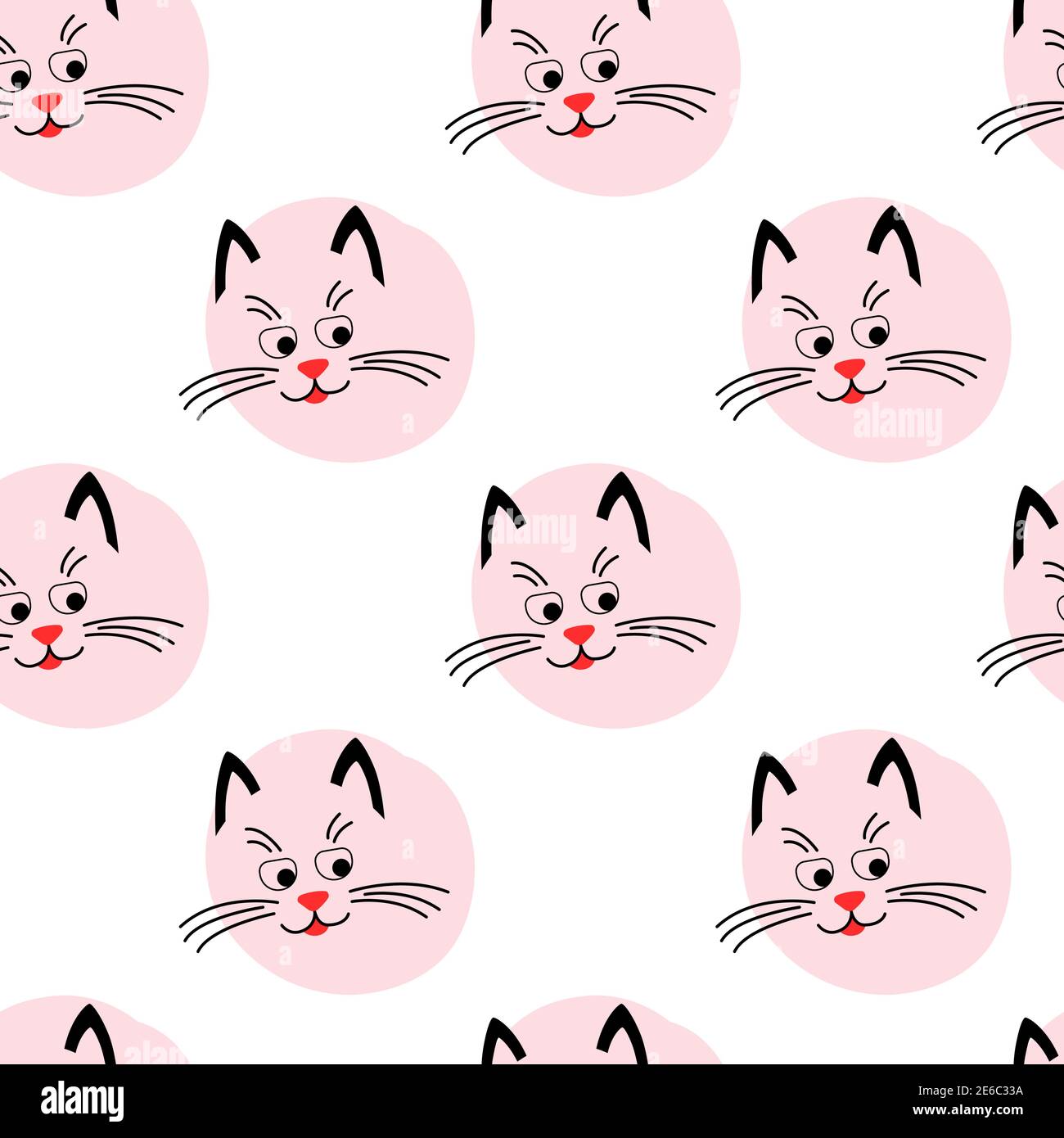 Cute kitty muzzle pattern. Seamless pattern with face cats and circle. Use for background or printing on fabric. Vector cartoon Illustration. Stock Vector