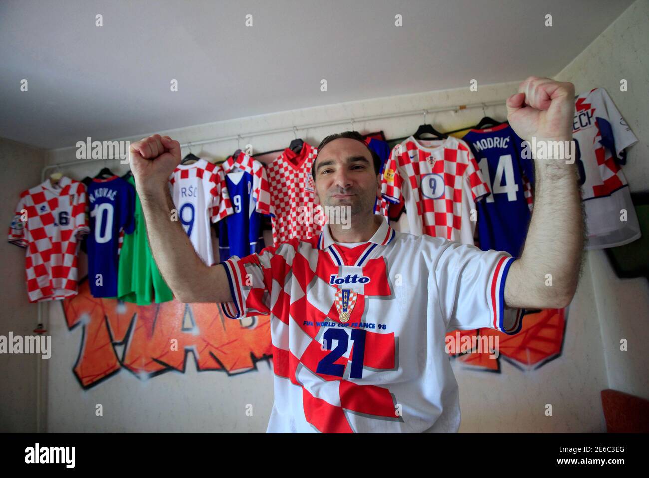 Josip Kovacevic Vjere, 36, poses for a picture in a Croatian national soccer  jersey, from the 1998 FIFA World Cup France, in Osijek, east Croatia, May  31, 2012. Vjere has been collecting