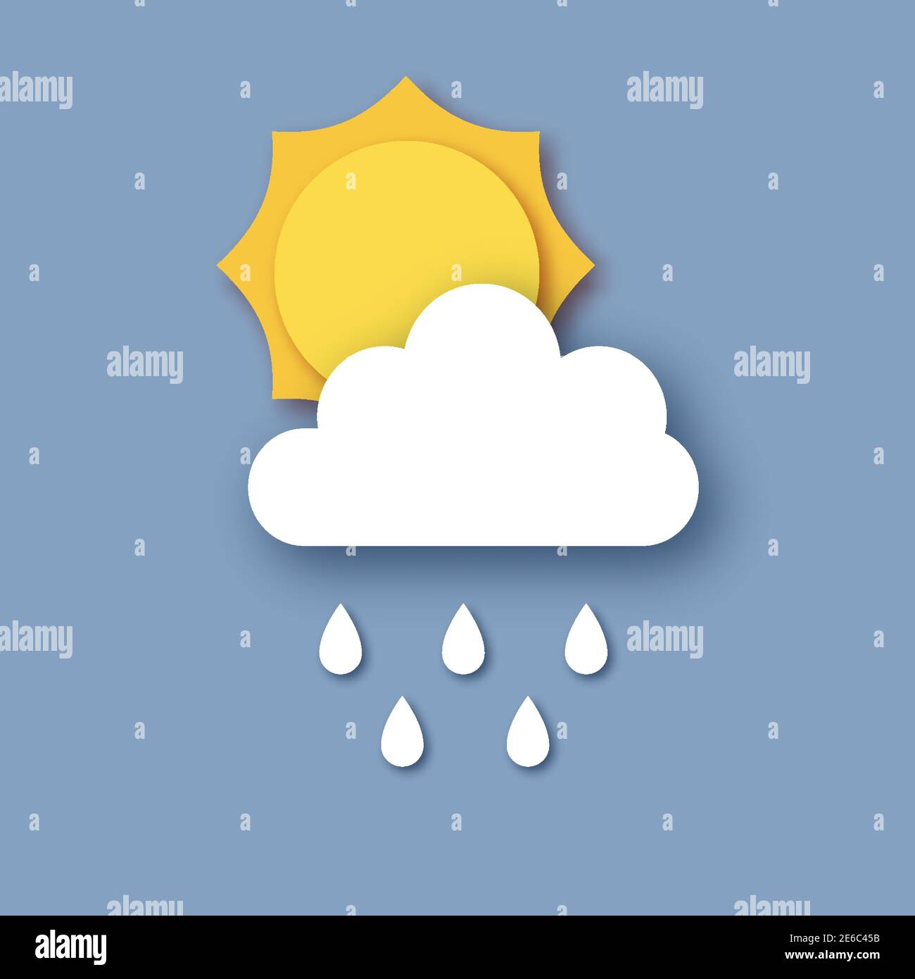 Sky with rainy clouds, sun and rain drops. Paper cut Weather. Vector ...