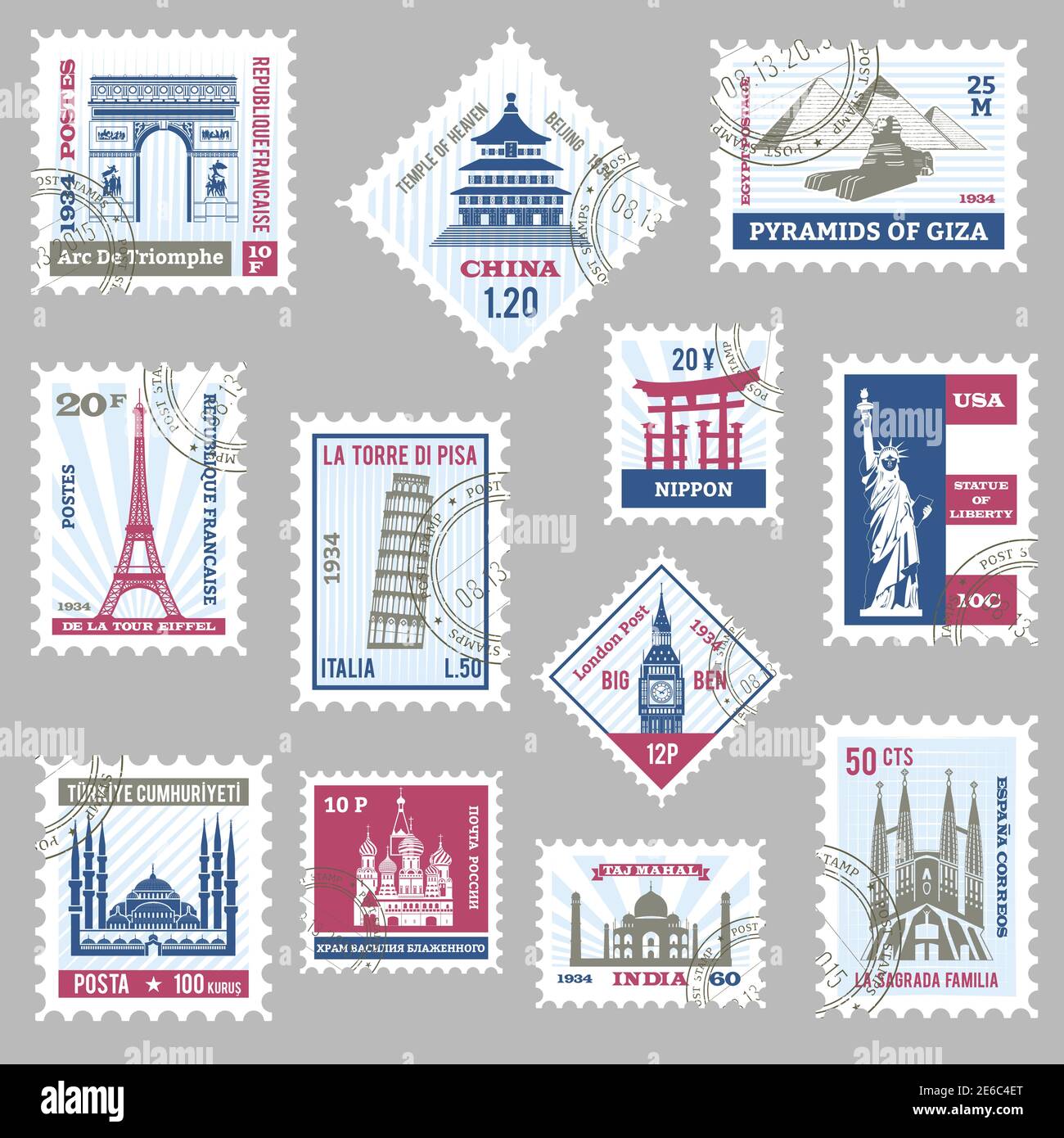 Postage stamps set with world famous landmarks isolated vector illustration  Stock Vector Image & Art - Alamy