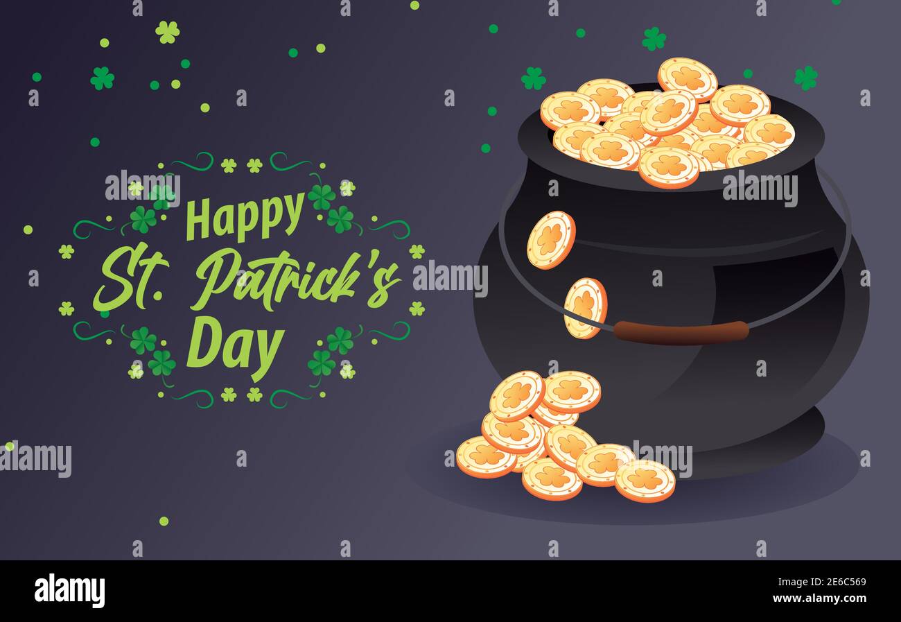happy saint patricks day lettering with cauldron of treasure vector ...