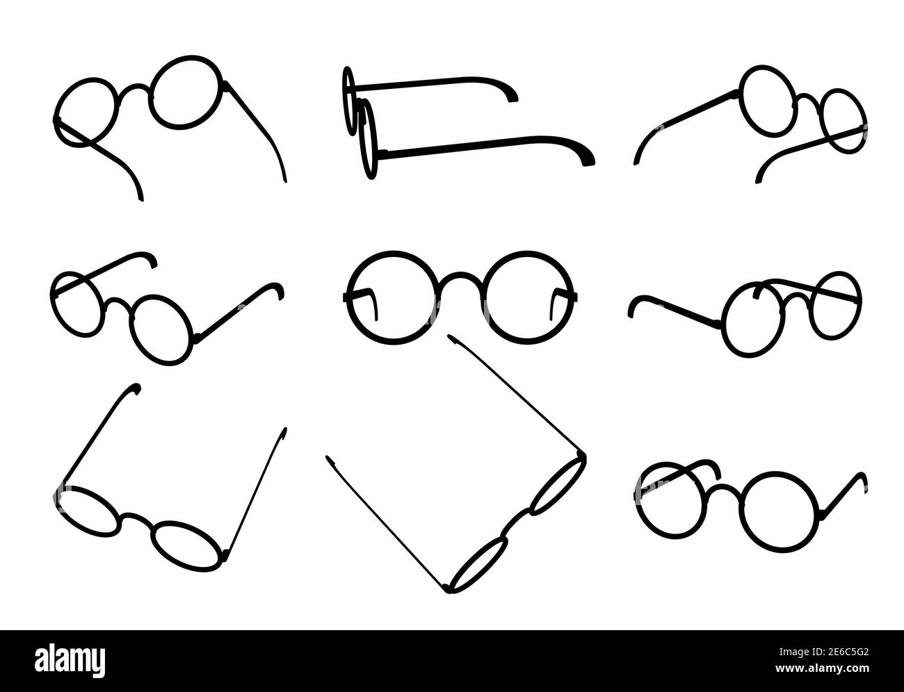 Glasses silhouette set with round lens. Isolated black on white icons