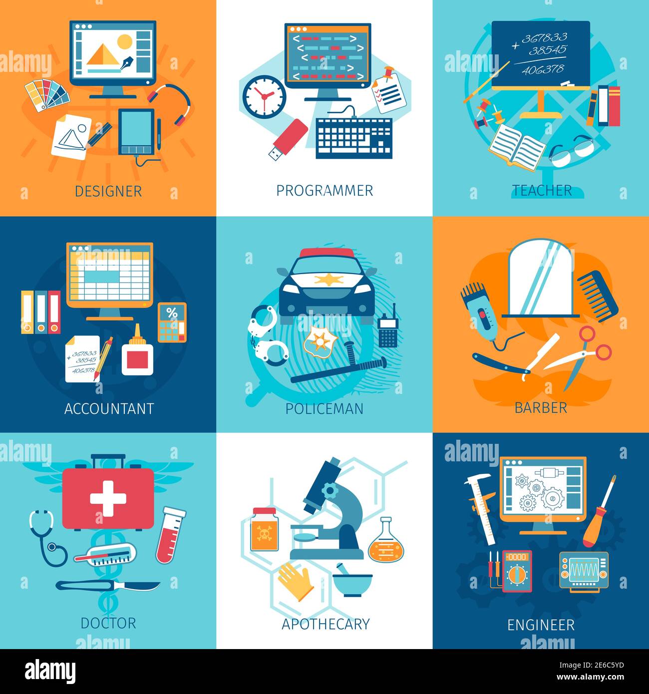 Different profession workspace and equipment concept set isolated vector illustration Stock Vector