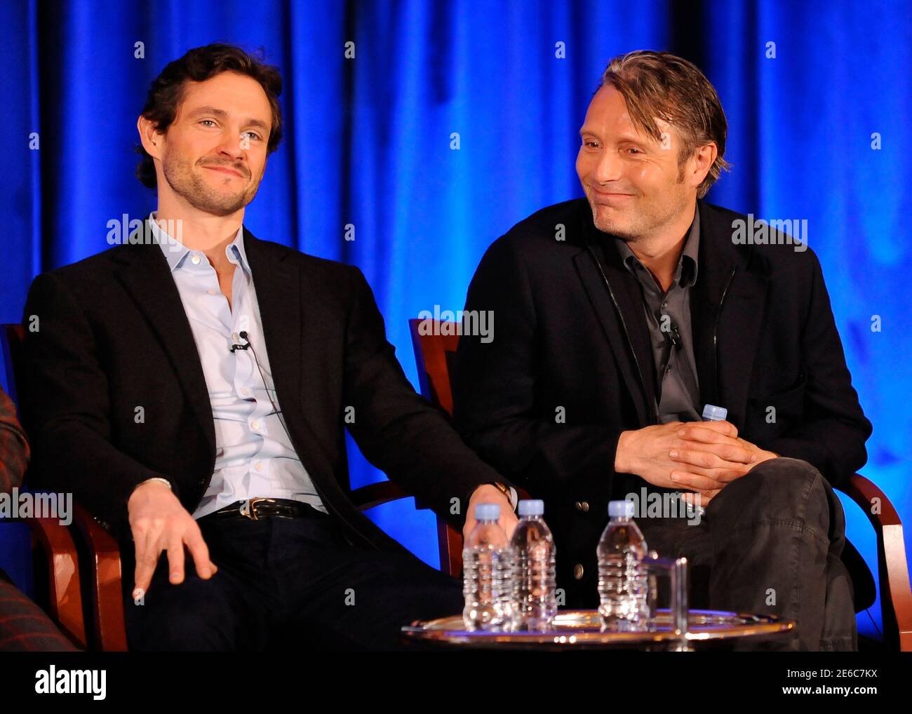 British actor Hugh Dancy (L) and Danish actor Mads Mikkelsen (R) from the  NBC series "Hannibal" take part in a panel discussion at the NBC portion of  the 2014 Winter Press Tour