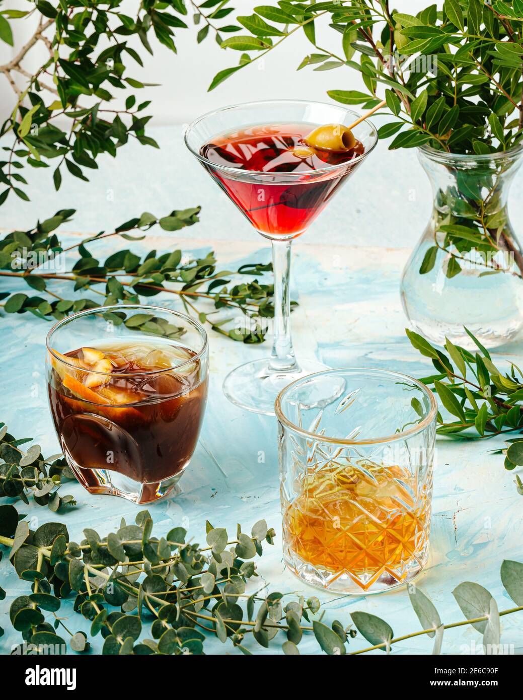 Assorted variety of different cocktails on blue Stock Photo