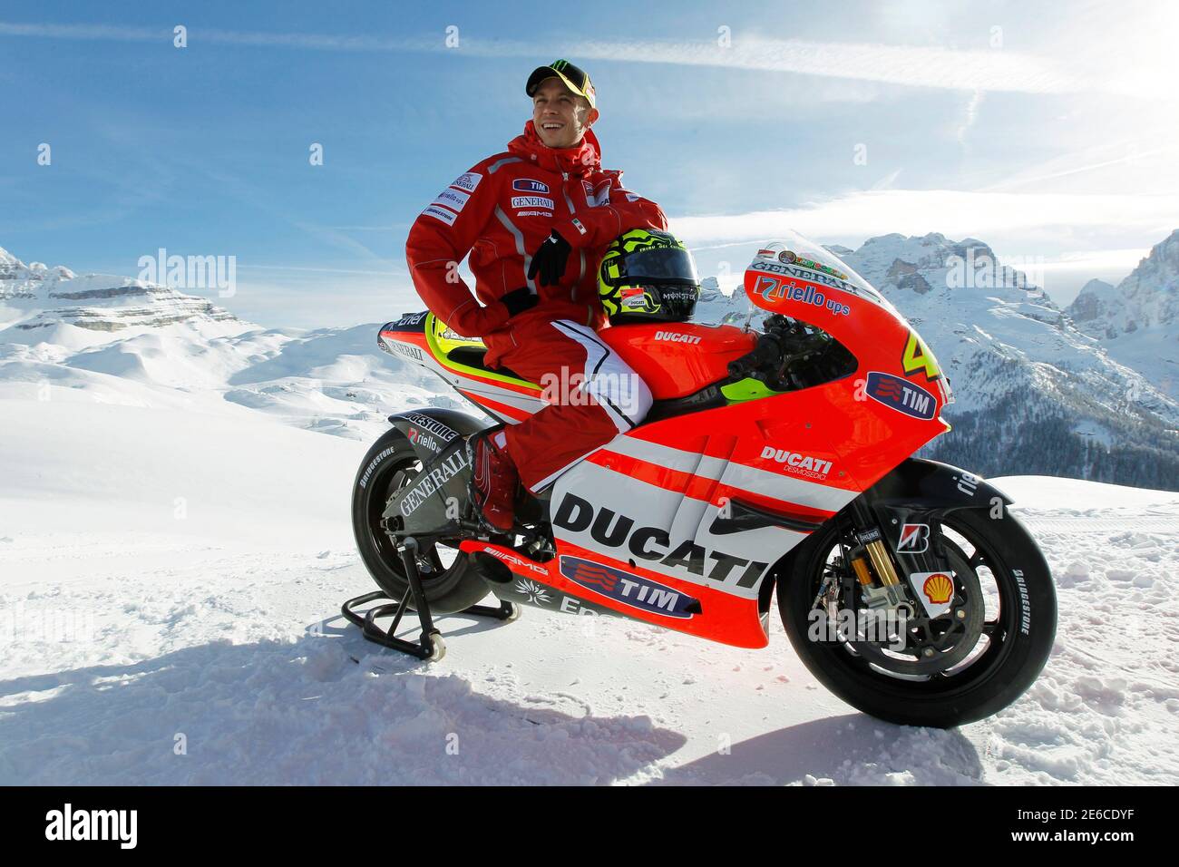 Ducati MotoGP rider Valentino Rossi poses during an official presentation  of his new bike, the Ducati GP2011 during the "Wrooom, F1 and MotoGP Press  Ski Meeting", Ducati and Ferrari's annual media gathering
