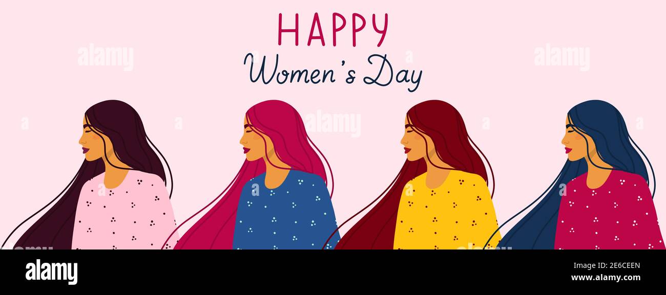 Happy women's day greeting card template. Group of young women standing ...