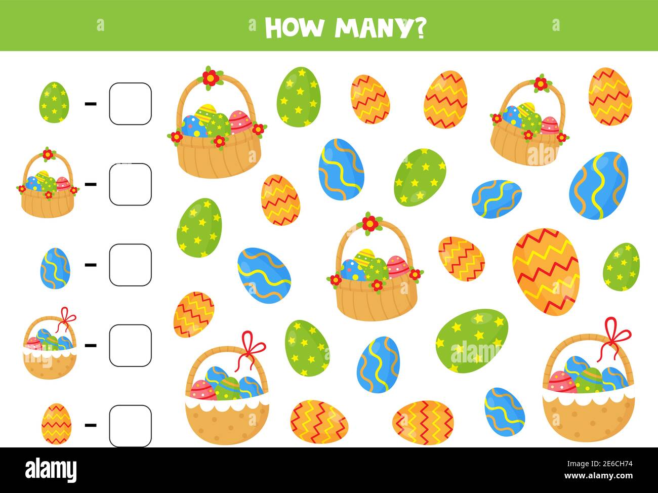 Count all Easter eggs and Easter baskets and write the correct answers ...