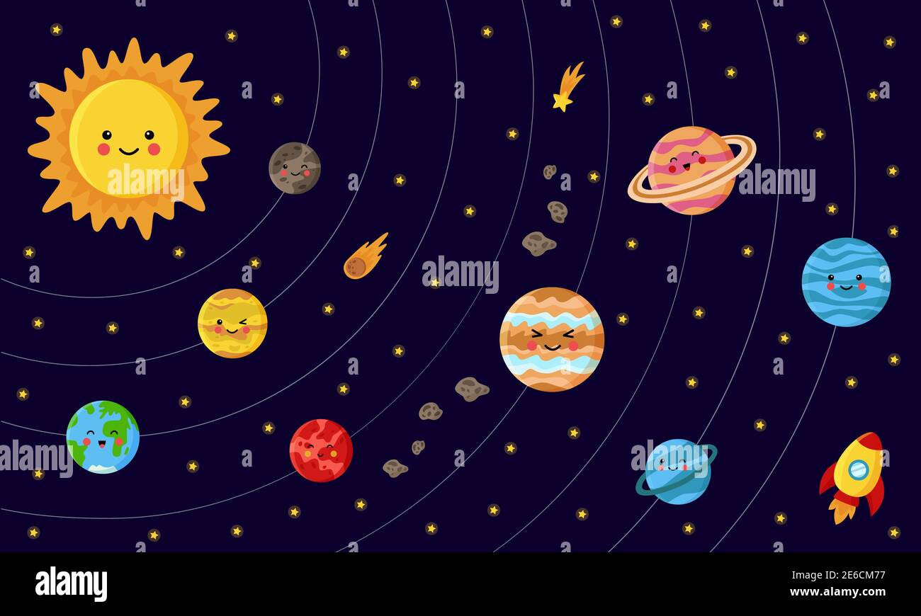 Vector illustration of Solar system with stars and asteroids. Sun and planets in cartoon style. Stock Vector
