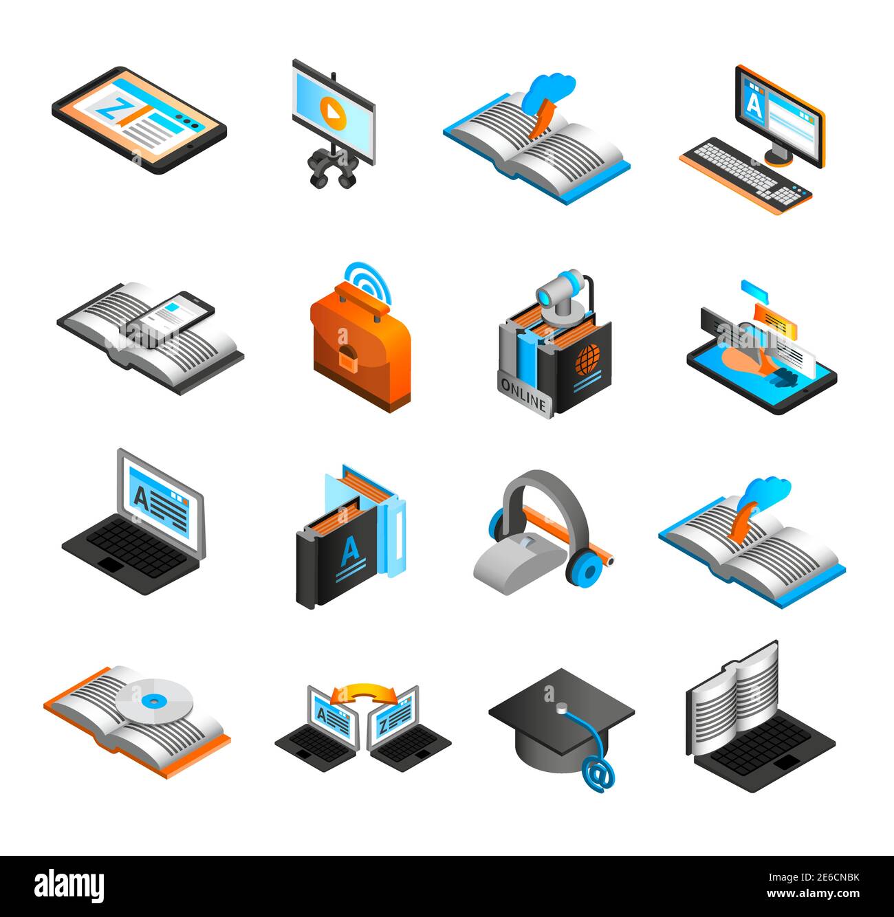E-learning isometric icons set with laptop CD and webcam isolated vector illustration Stock Vector
