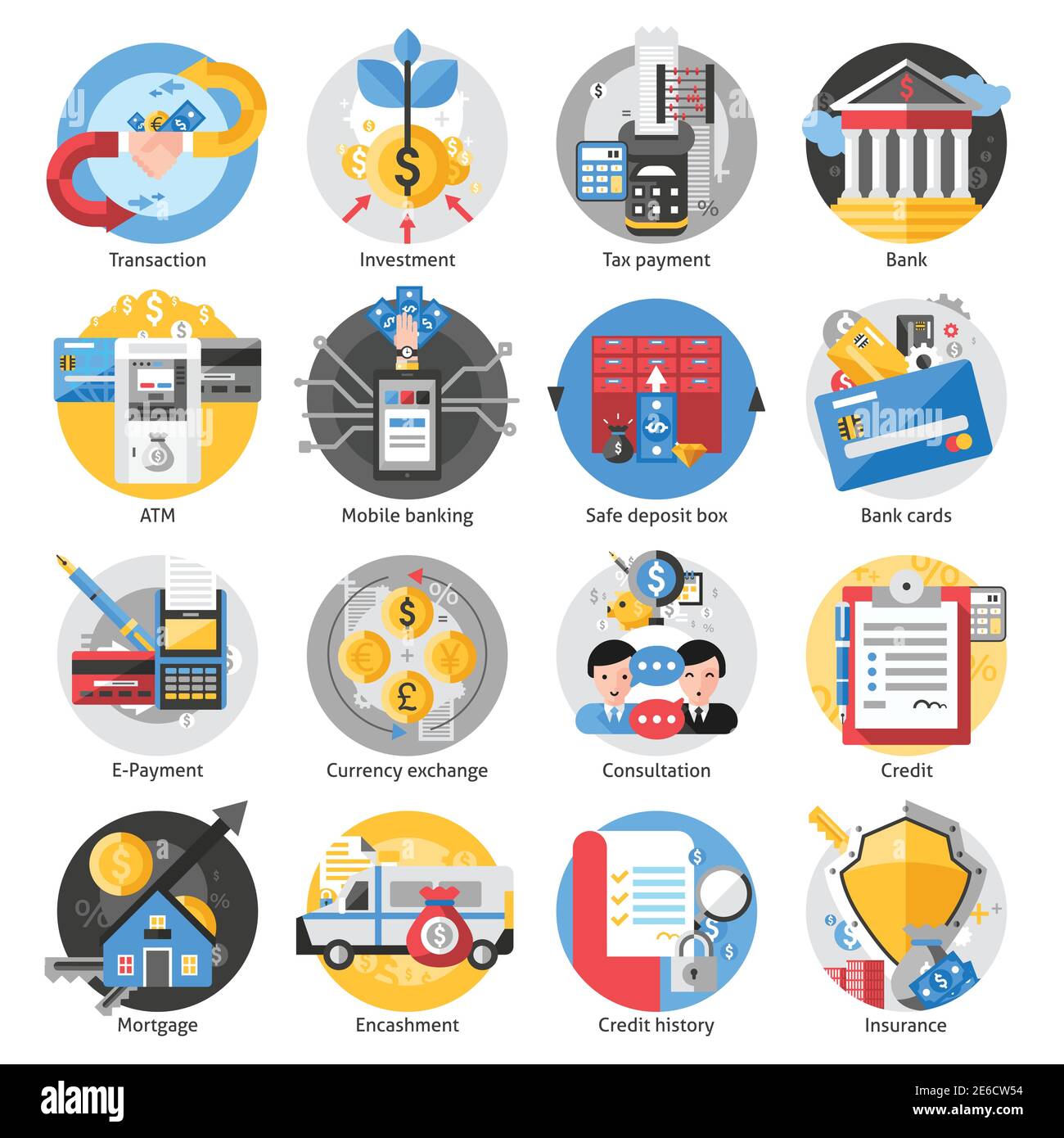 Banking icons set with transaction investment and tax payment symbols