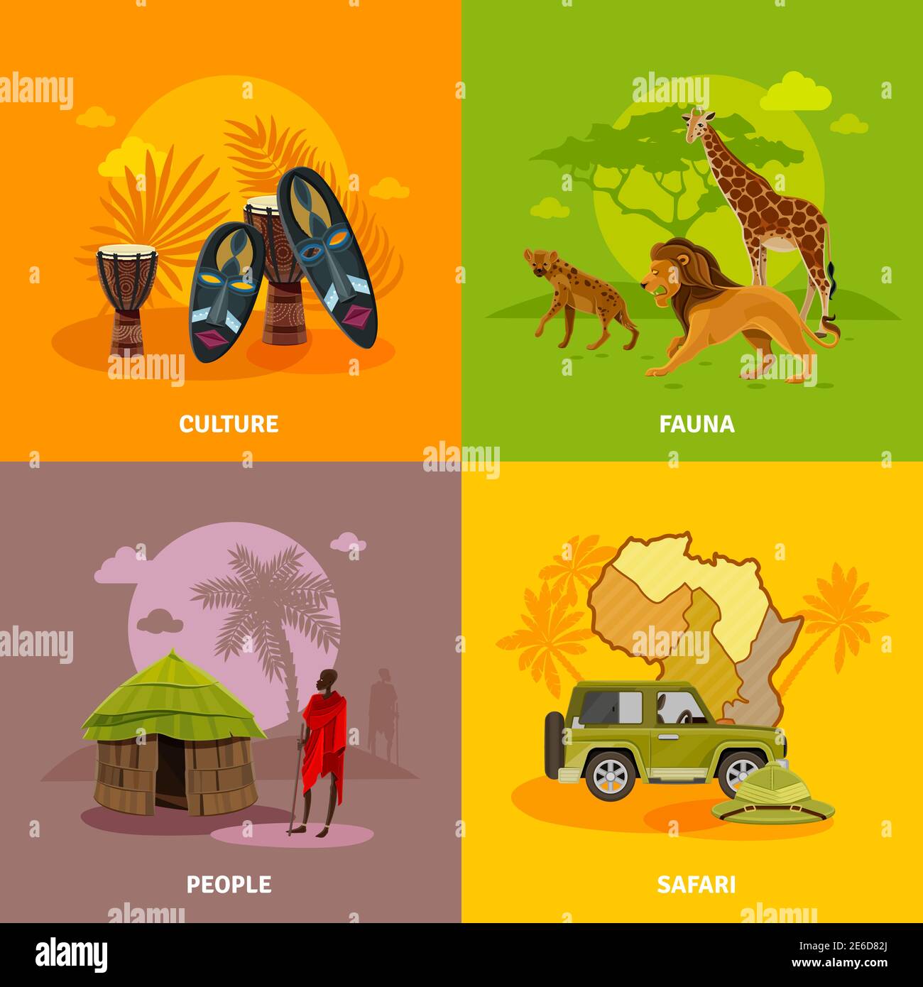 Africa concept icons set with culture fauna and people symbols cartoon isolated vector illustration Stock Vector