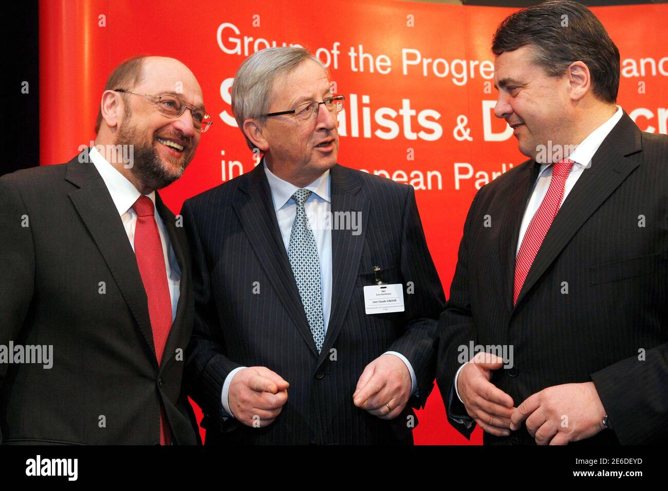 Martin Schulz (L-R) President of the Group of Progressive Alliance of  Socialists and Democrats (S&D) in the European Parliament talks with  Eurogroup chairman and Luxembourg's Prime Minister Jean-Claude Juncker and  Leader of