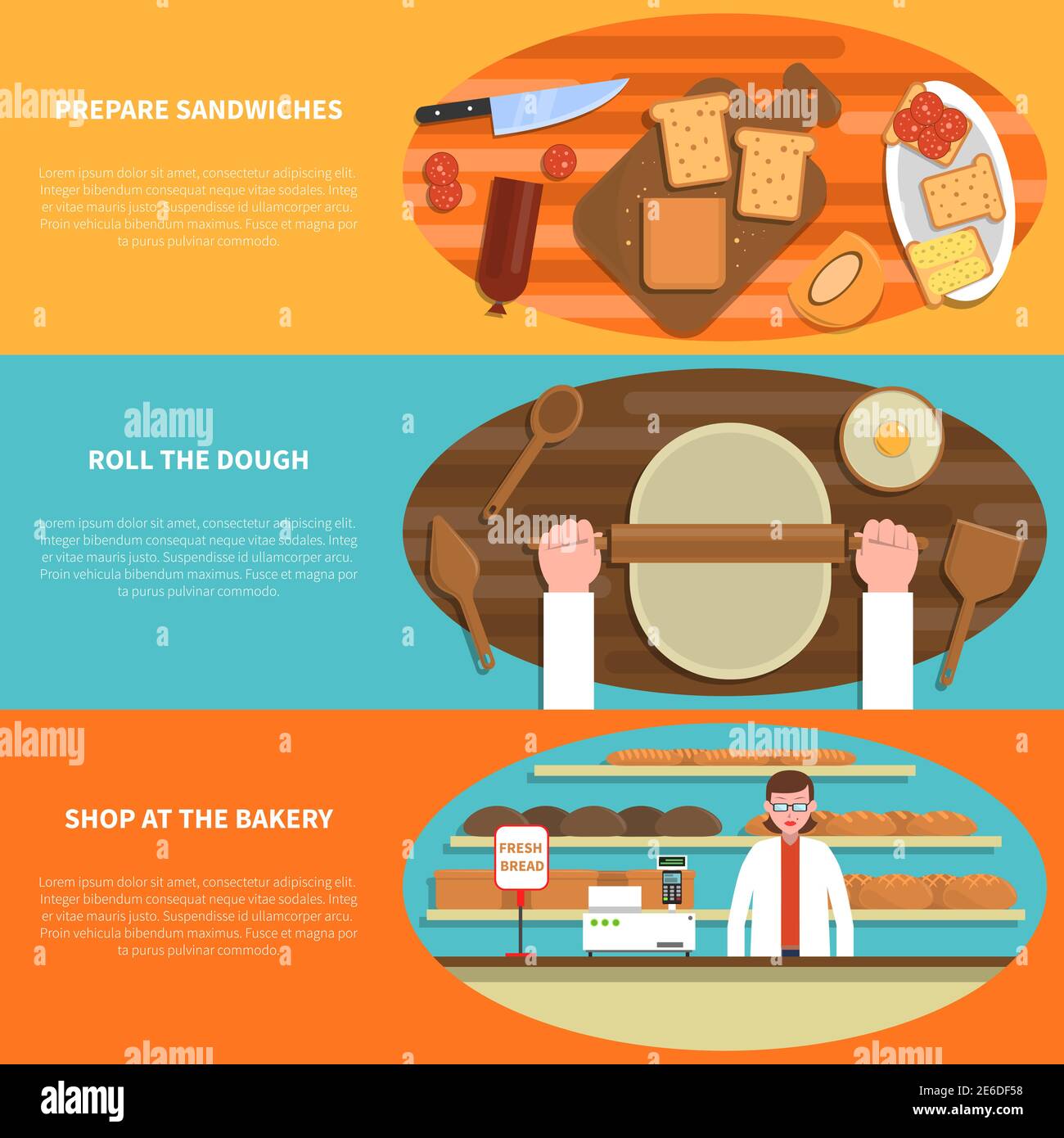 Bakery horizontal banner set with pastry shop elements flat isolated ...