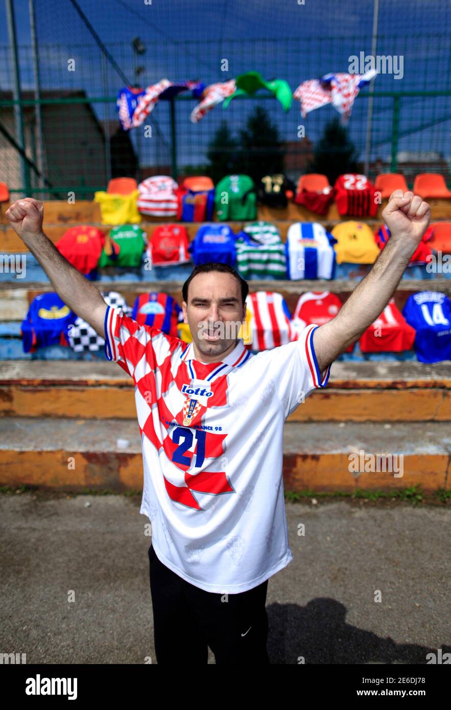 Josip Kovacevic Vjere, 36, poses for a picture in a Croatian national  soccer jersey, from the 1998 FIFA World Cup France, in Osijek, east Croatia,  May 31, 2012. Vjere has been collecting