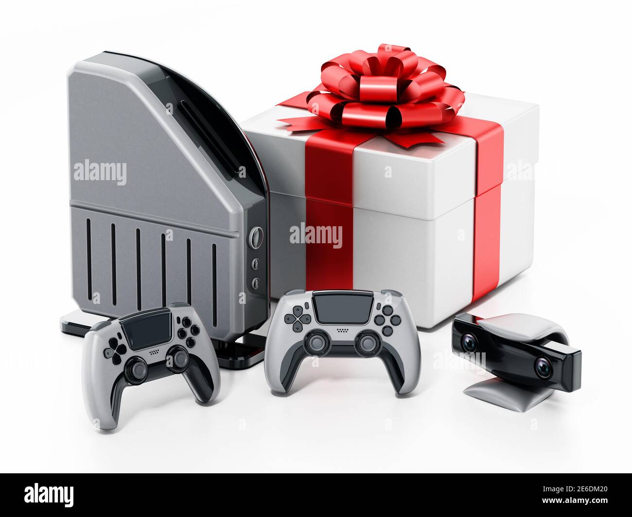 Giftbox standing next to generic video game console, controllers and camera. 3D illustration. Stock Photo