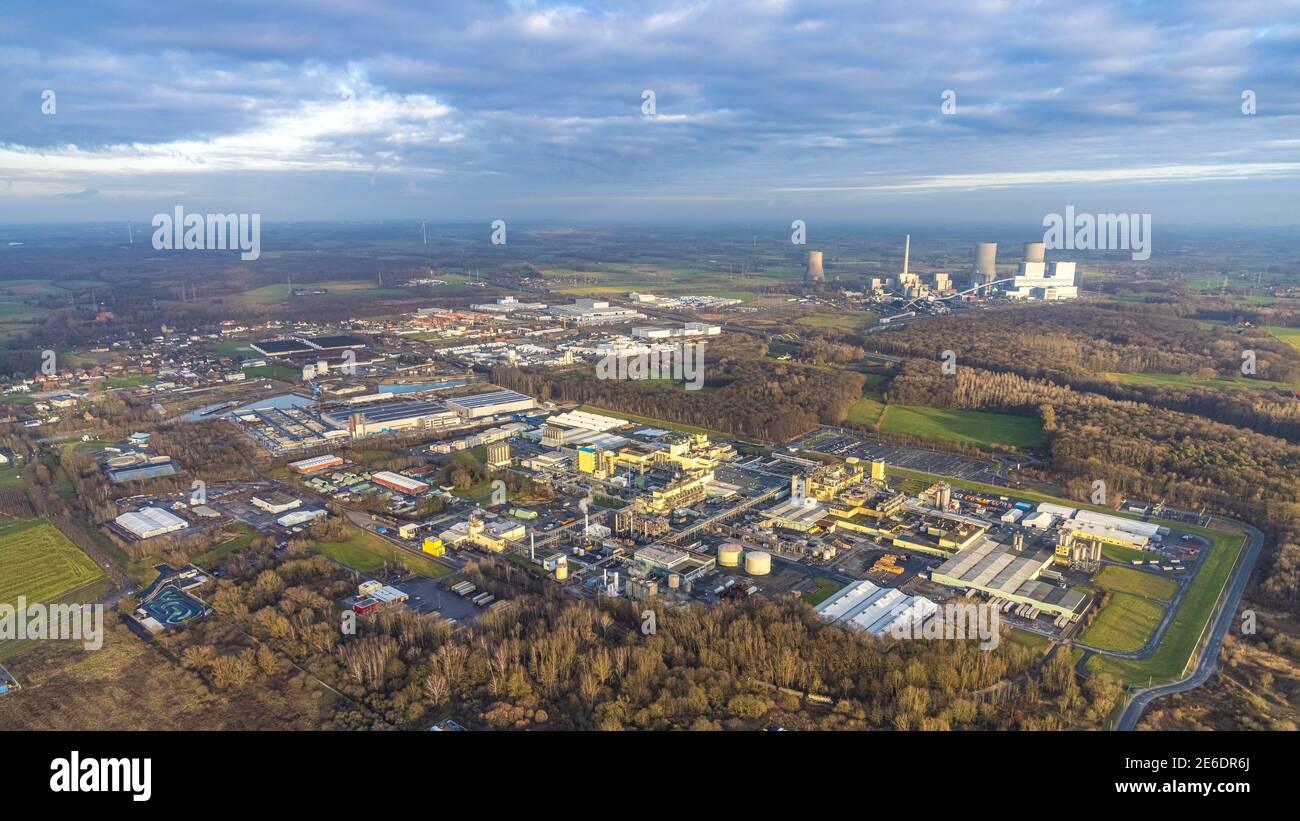 Aerial photo DuPont and DuBay Polymer GmbH and Goldbeck Betonelemente and RWE Kraftwerk Westfalen in the district of Uentrop in Hamm, Ruhr area, North Stock Photo