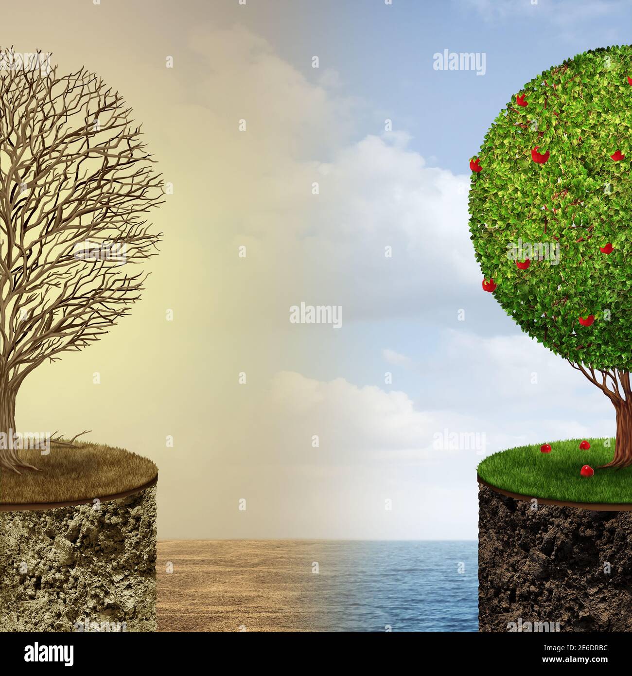 Weather change concept and global warming causing drought and planet environment and changing habitat and ecosystem. Stock Photo