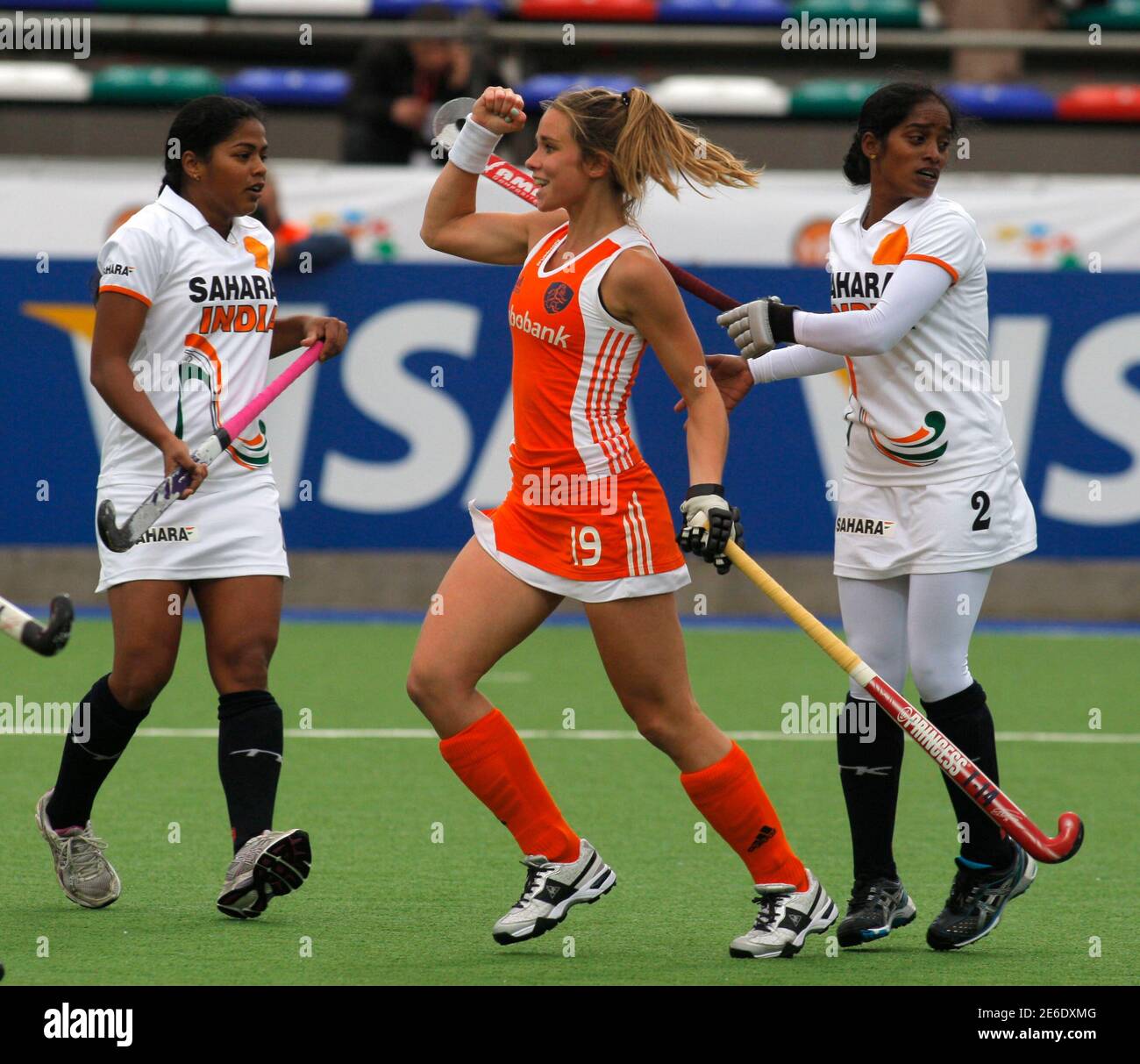 Ellen Hoog (C) of Netherlands celebrates after she scored her team's second  goal against India during a Women's field hockey World Cup tournament match  in Rosario August 30, 2010. REUTERS/Andres Stapff(ARGENTINA -