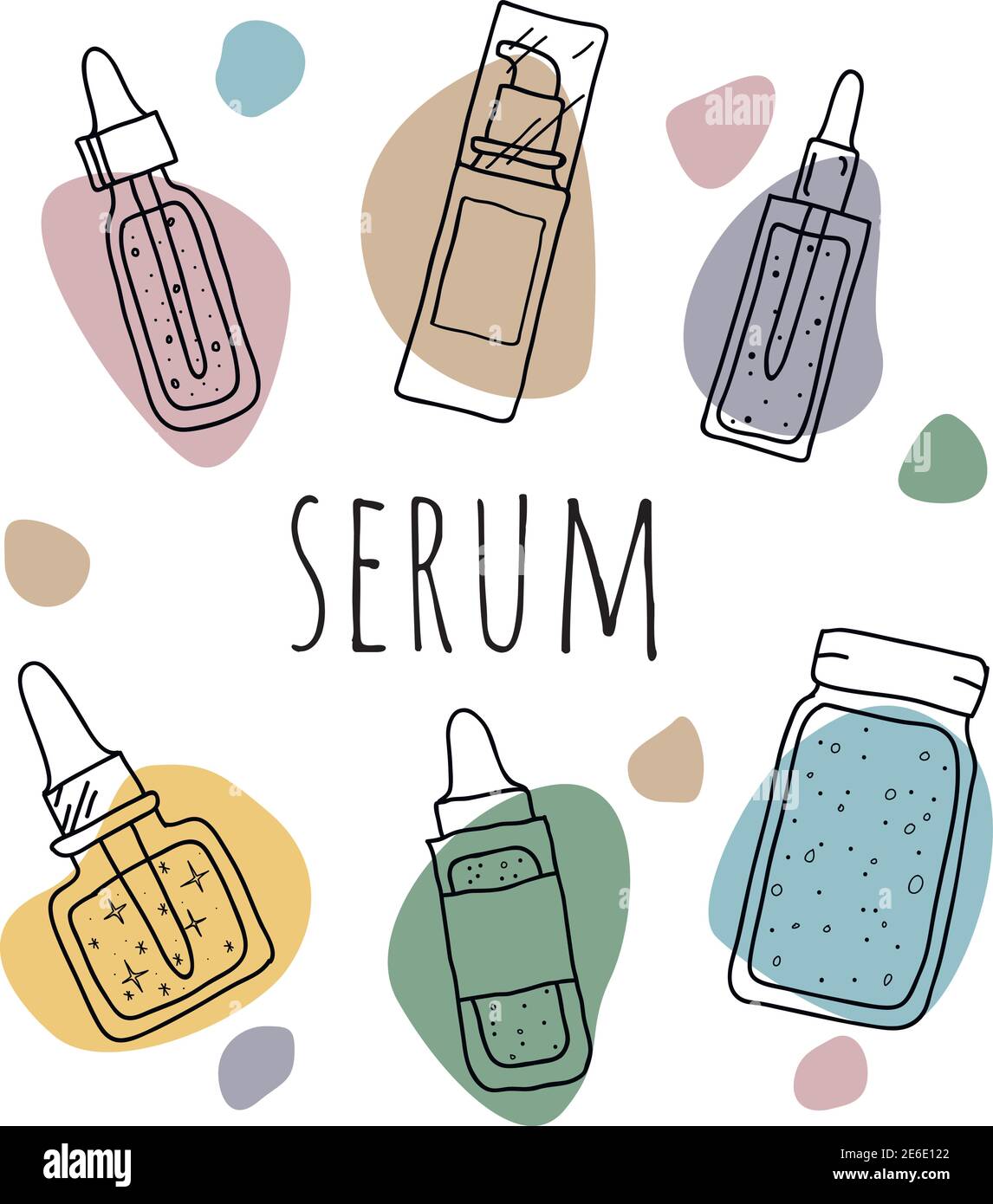 Illustration set of serum bottle. Daily skin care product. Hand drawn