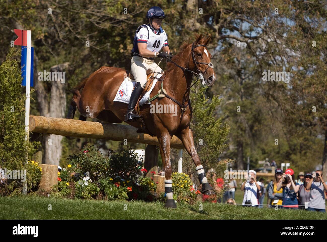 Pippa Funnell of Britain riding Redesigned competes in the cross country phase of the Eventing World Championship at the World Equestrian Games in Lexington, Kentucky, October 2, 2010. REUTERS/Caren Firouz  (UNITED STATES - Tags: ANIMALS SPORT EQUESTRIANISM) Stock Photo