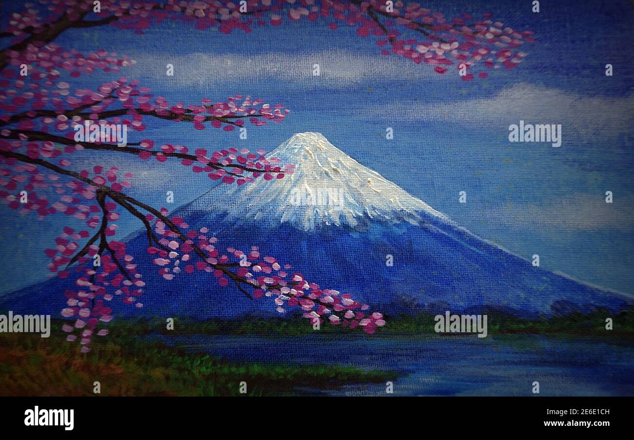 Fuji Mountain Landscape Japan Oil Painting Stock