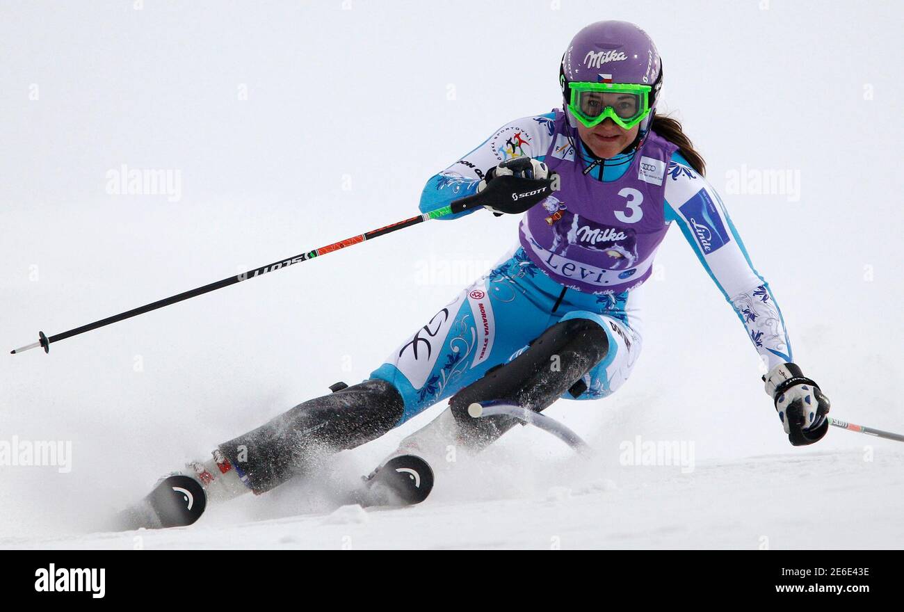 Sarka Zahrobska of the Czech Republic clears a gate during her first run in  the women's slalom World Cup race at Levi ski resort near the town of  Kittila November 13, 2010.
