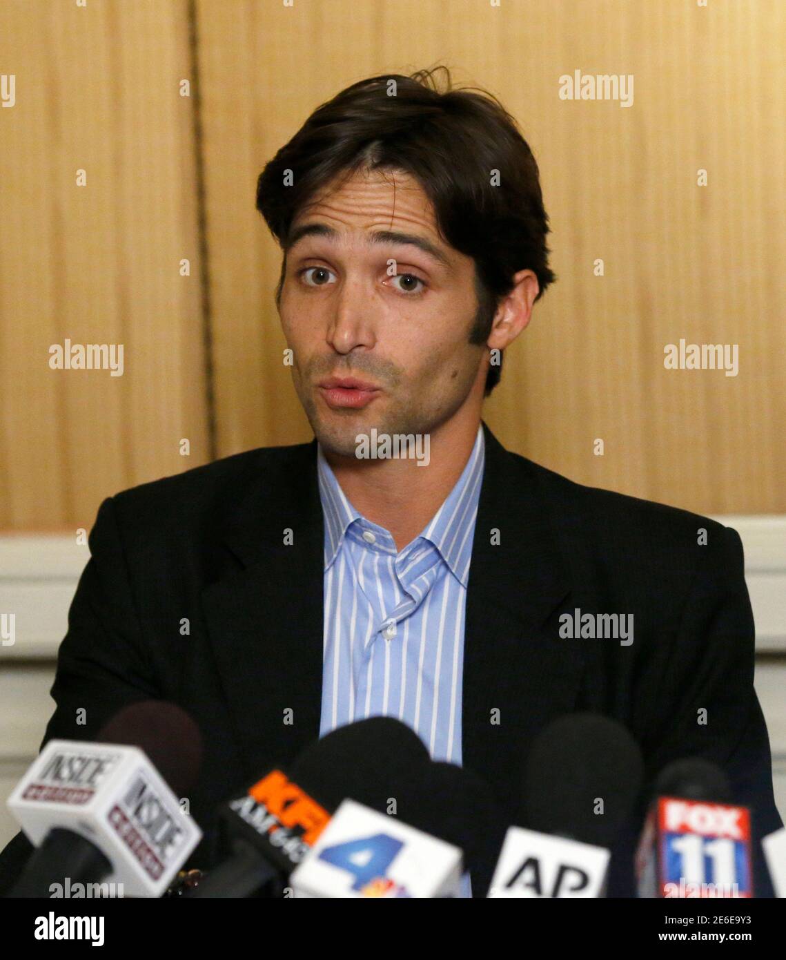Plaintiff Michael Egan Speaks At A News Conference At The Four Seasons Hotel In Los Angeles California April 17 14 Egan Filed A Lawsuit On Wednesday Against Director Bryan Singer Accusing Him