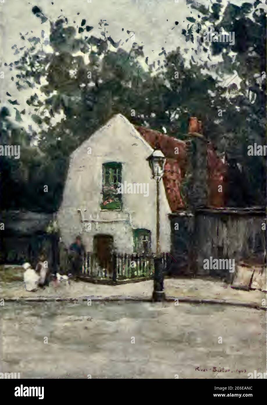 Rose Barton painting entitled Rus In Urbe with the caption This little red-roofed cottage stands at the corner of Glebe Place, King's Road, Chelsea. Stock Photo