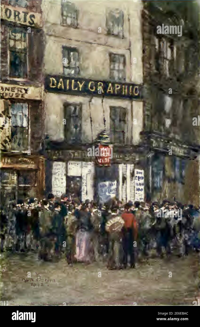 Rose Barton painting entitled In the Strand Waiting for Election News. A crowd gather outside the Daily Graphic office. Stock Photo