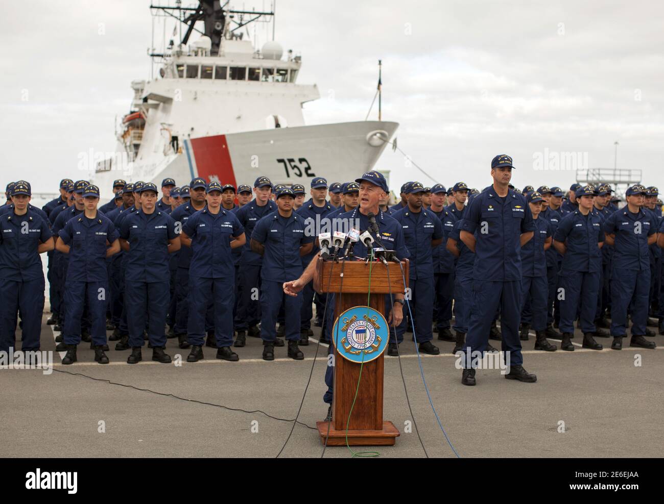 U.S. Coast Guard Commandant Admiral Paul Zukunft speaks in front of the crew of the Coast Guard Cutter Stratton while announcing 66,000 pounds of cocaine worth $1.01 billion wholesale was seized in the Eastern Pacific Ocean upon the ship's arrival in San Diego, California August 10, 2015. Zukunft, announced the Coast Guard and partner agencies had seized more cocaine in the Eastern Pacific Ocean in the last 10 months than in fiscal years 2012 through 2014 combined.  REUTERS/Mike Blake Stock Photo