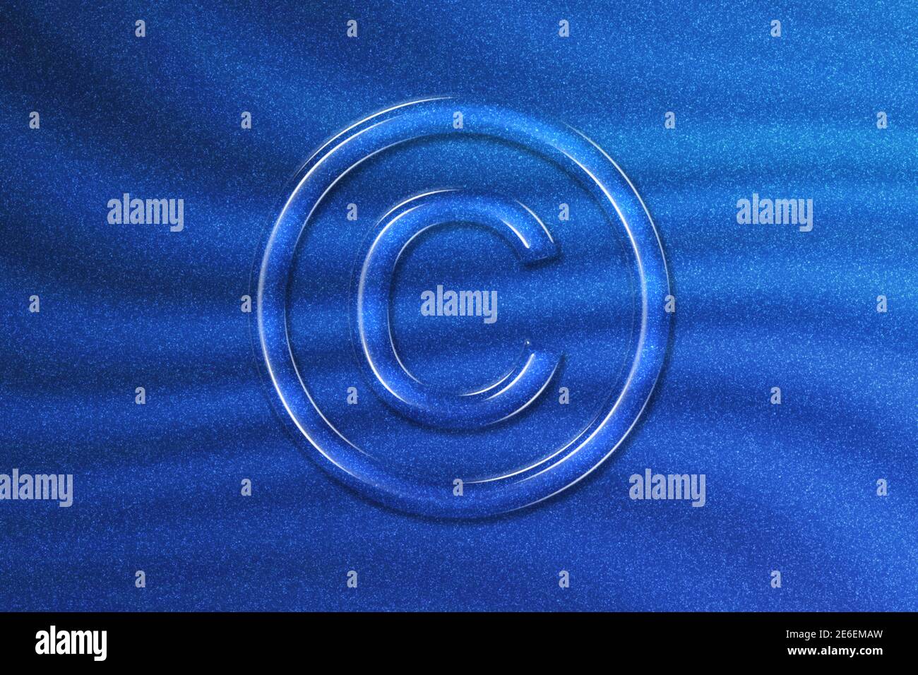 Copyright Symbol, C letter in circle, blue glitter background Stock