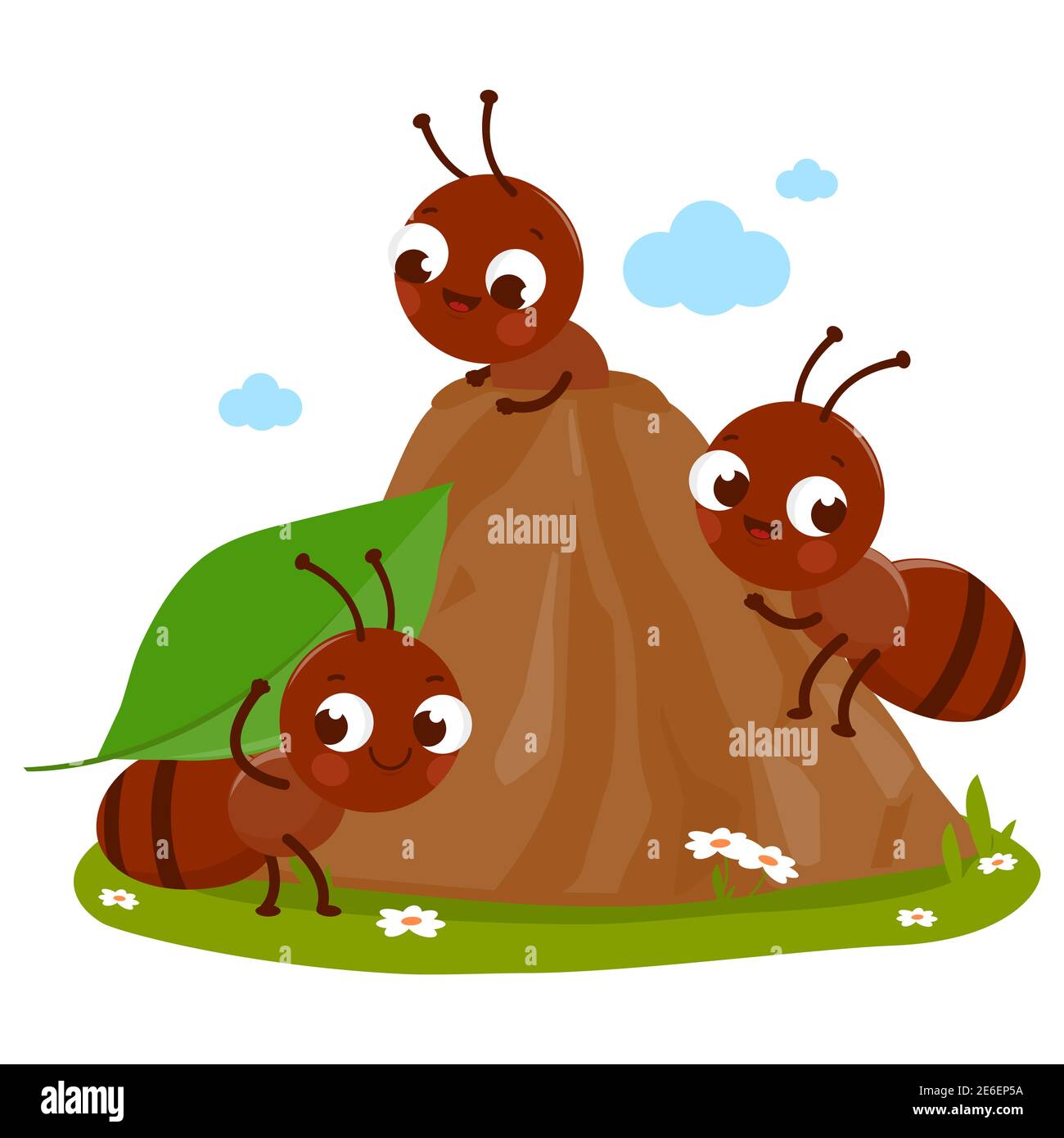 Cartoon ants in ant hill carrying food into their nest. Stock Photo