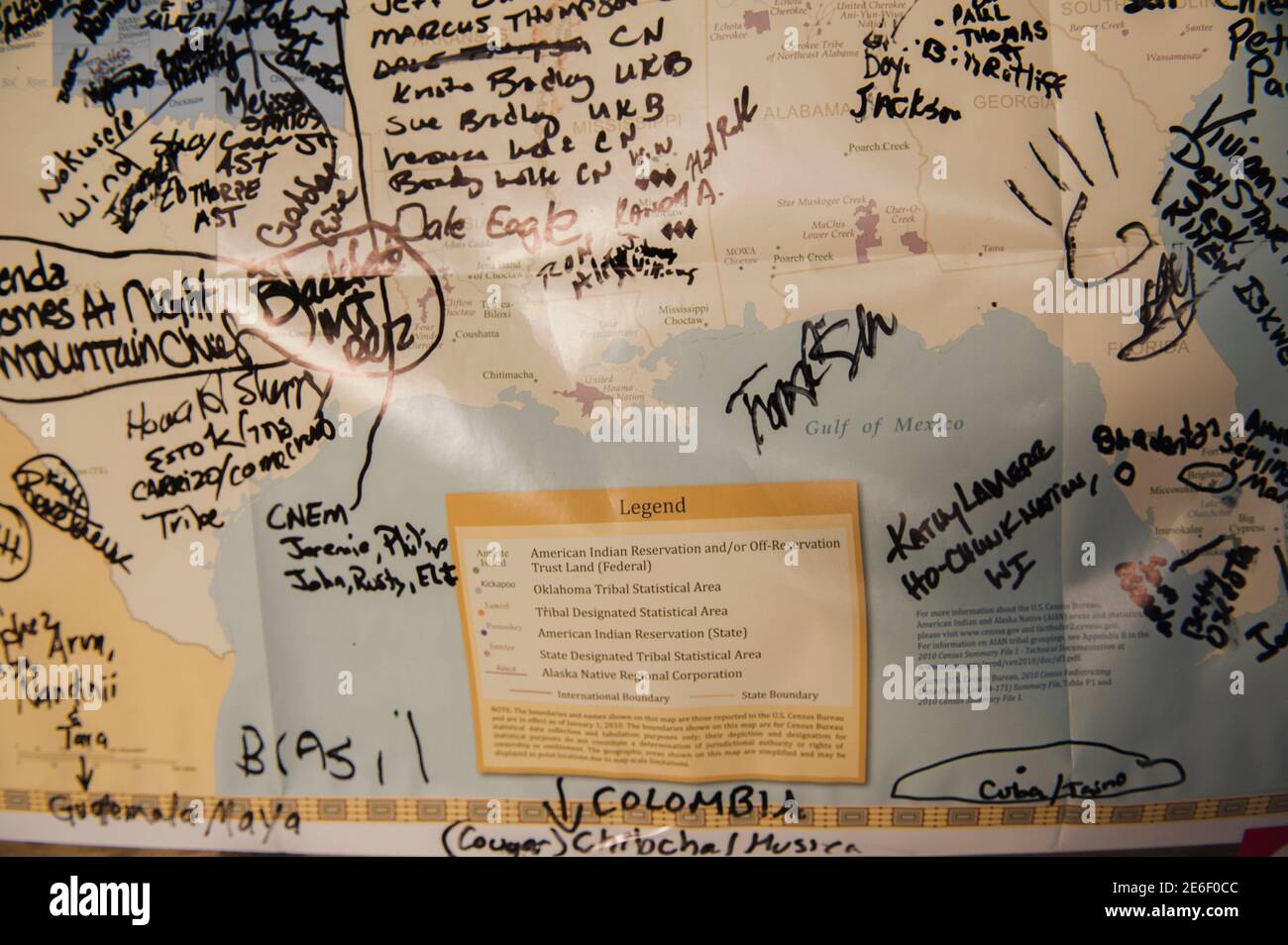 Some of the hundreds of protesters' signatures are shown on a map hanging at the main check-in tent, who have gathered in an encampment on the banks of the Cannon Ball River to stop construction of the Energy Transfer Partners' Dakota Access oil pipeline near the Standing Rock Sioux reservation in Cannon Ball, North Dakota, U.S.. September 7, 2016. REUTERS/Andrew Cullen Stock Photo