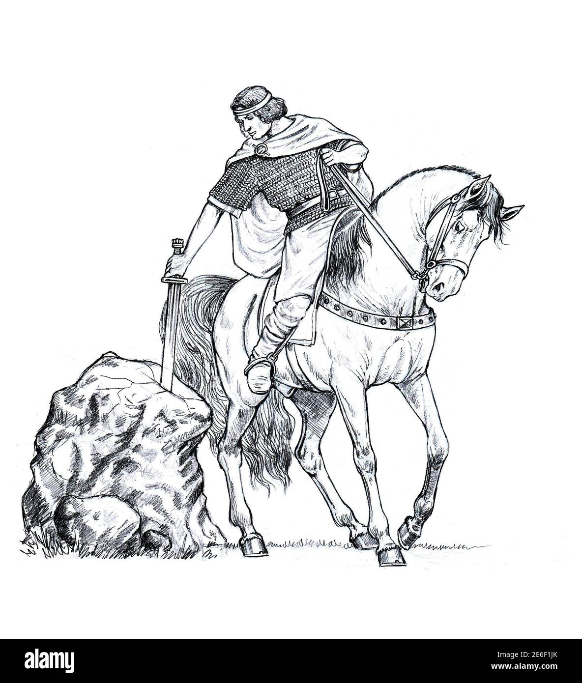 King Arthur with excalibur. Mounted knight of camelot. Pencil drawing. Stock Photo