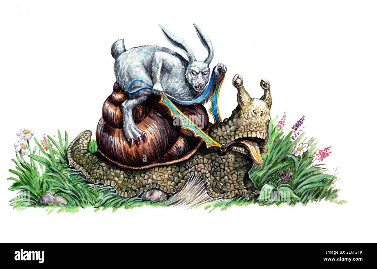 Rabbit and the snail. Race on a snail. Illustration for the fairy tale. Stock Photo
