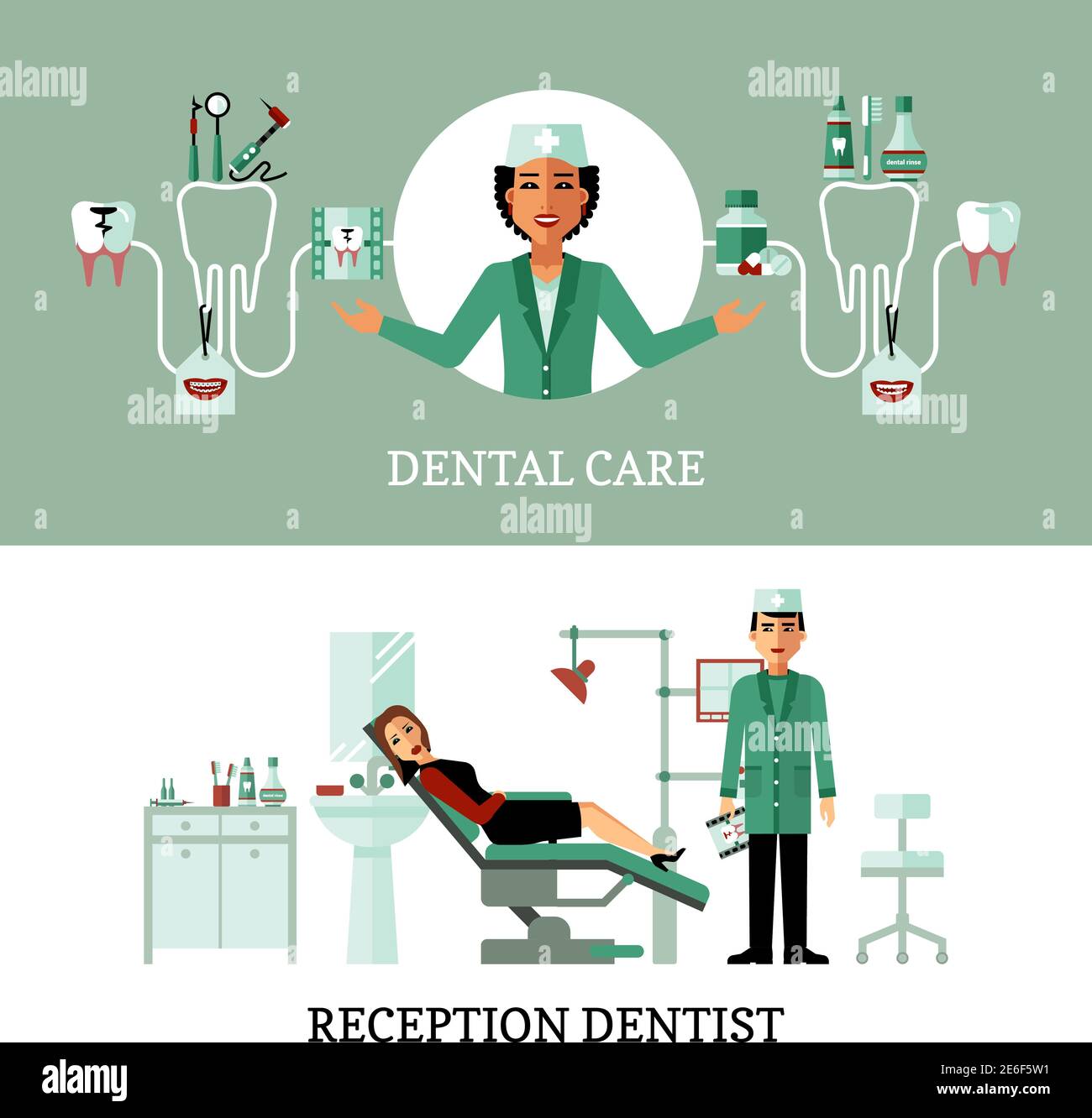 Dentist office horizontal banners with dentist reception concept and ...