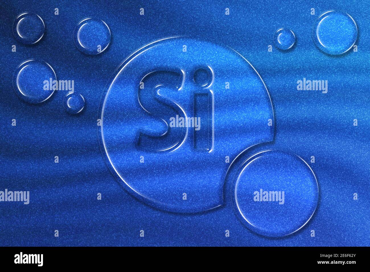 Element Si Silicon, Mineral Vitamin complex dietary supplement, blue glitter background Stock