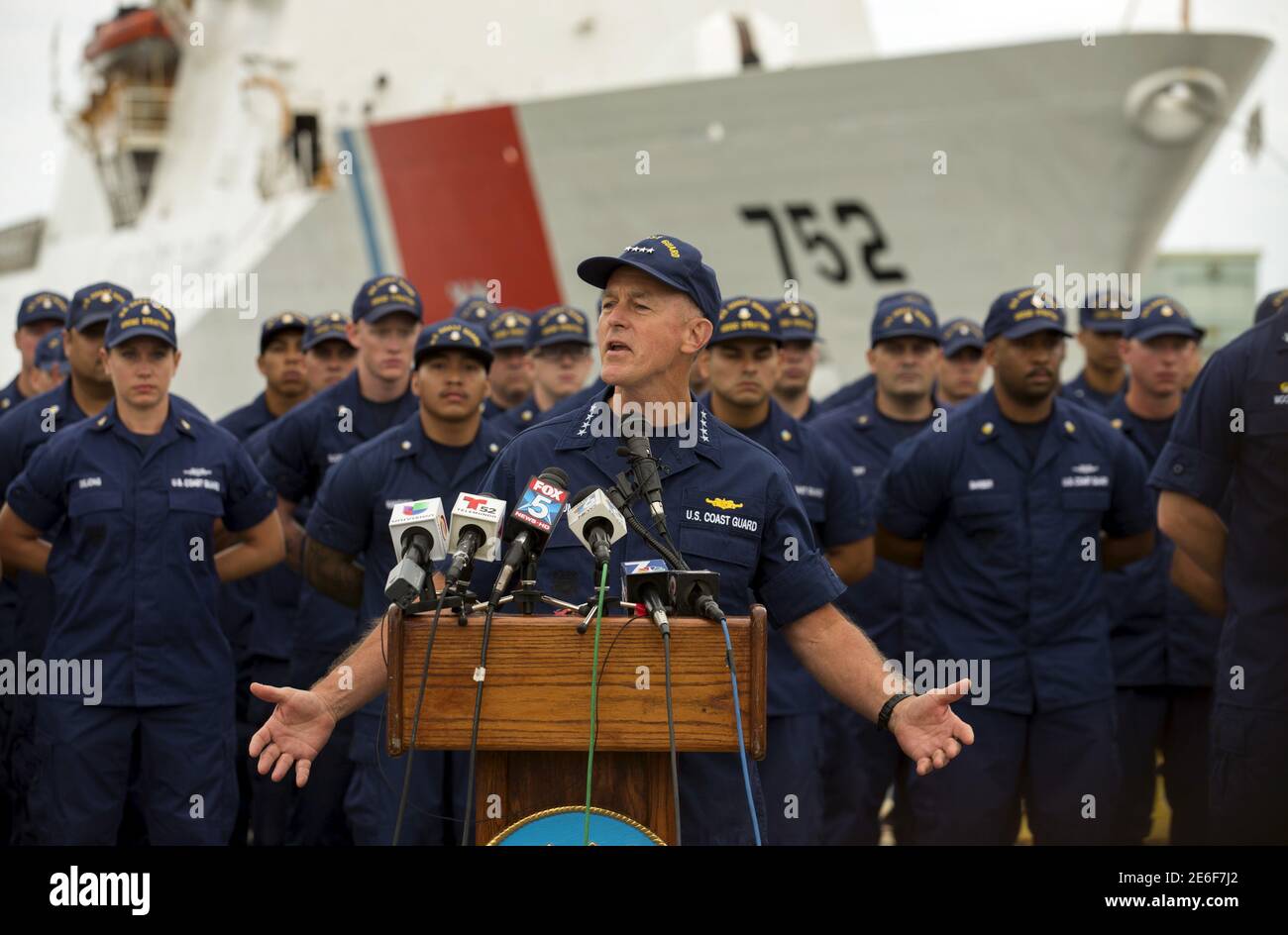 U.S. Coast Guard Commandant Admiral Paul Zukunft speaks in front of the crew of the Coast Guard Cutter Stratton while announcing 66,000 pounds of cocaine worth $1.01 billion wholesale was seized in the Eastern Pacific Ocean upon the ship's arrival in San Diego, California August 10, 2015. Zukunft, announced the Coast Guard and partner agencies had seized more cocaine in the Eastern Pacific Ocean in the last 10 months than in fiscal years 2012 through 2014 combined.   REUTERS/Mike Blake Stock Photo