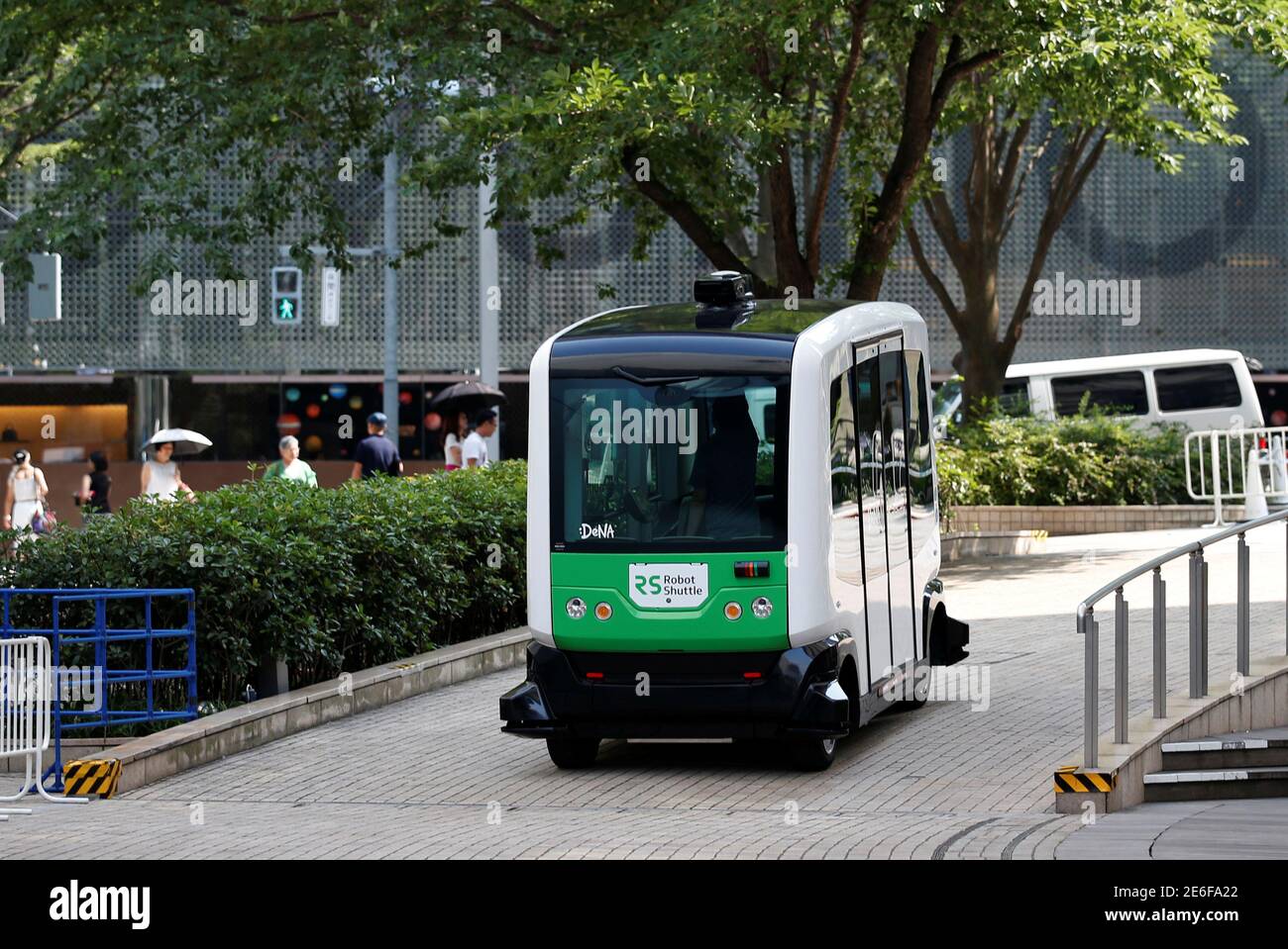 Japan's internet commerce and mobile games provider DeNA Co's Robot Shuttle,  a driver-less, self driving bus, is seen during its demonstration in Tokyo,  Japan July 7, 2016. REUTERS/Toru Hanai Stock Photo -