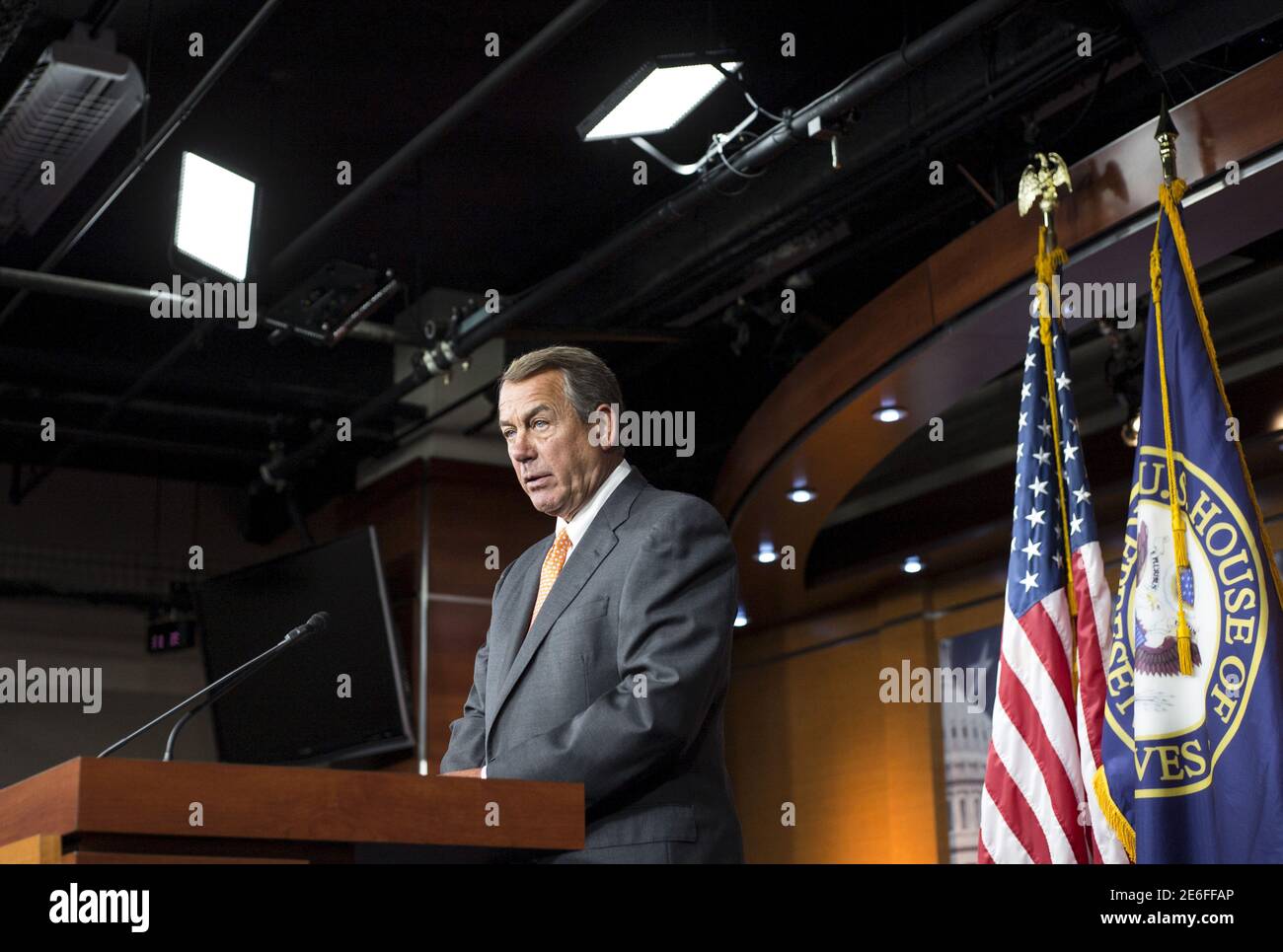 Speaker of the House John Boehner (R-OH) speaks during a news conference on Capitol Hill in Washington September 10, 2015. U.S. House of Representatives Speaker John Boehner said on Thursday fellow Republicans would press their fight against the nuclear deal with Iran, no matter what happens with votes related to the agreement in the House and Senate this week.     REUTERS/Joshua Roberts Stock Photo