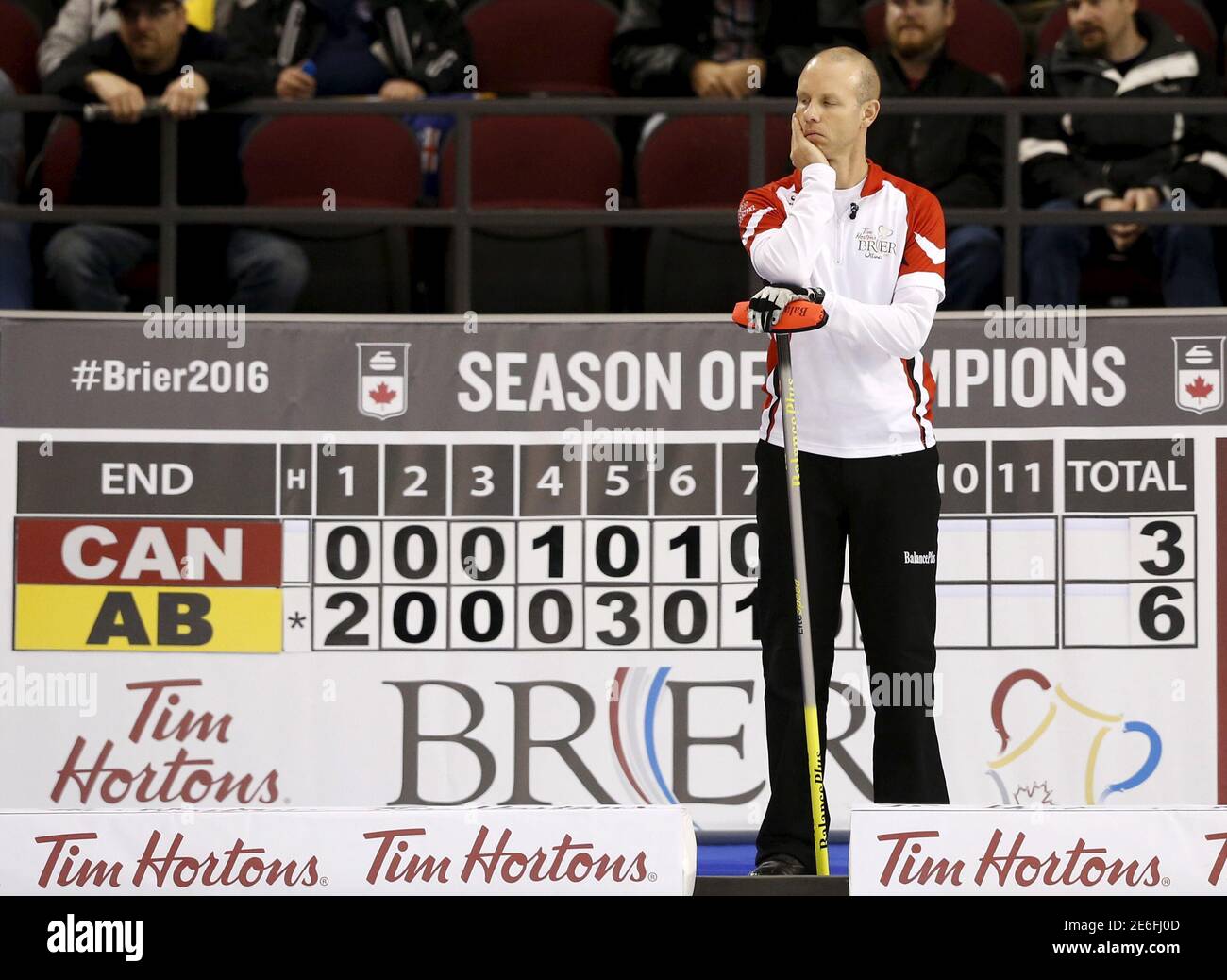 Team Canada skip Pat Simmons reacts during his team's loss to Team Alberta at the Brier curling championships in Ottawa, Canada, March 10, 2016. REUTERS/Chris Wattie Stock Photo