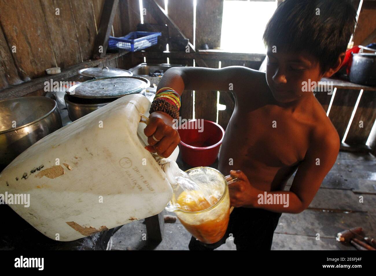 Cofan indigenous boy is seen in his home in the Quichua community at Dureno, Ecuador, March 26, 2016.    REUTERS/Guillermo Granja Stock Photo