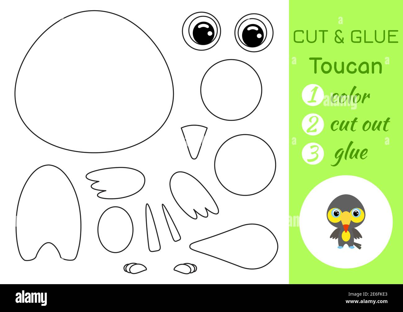 Coloring book cut and glue baby toucan. Educational paper game for ...