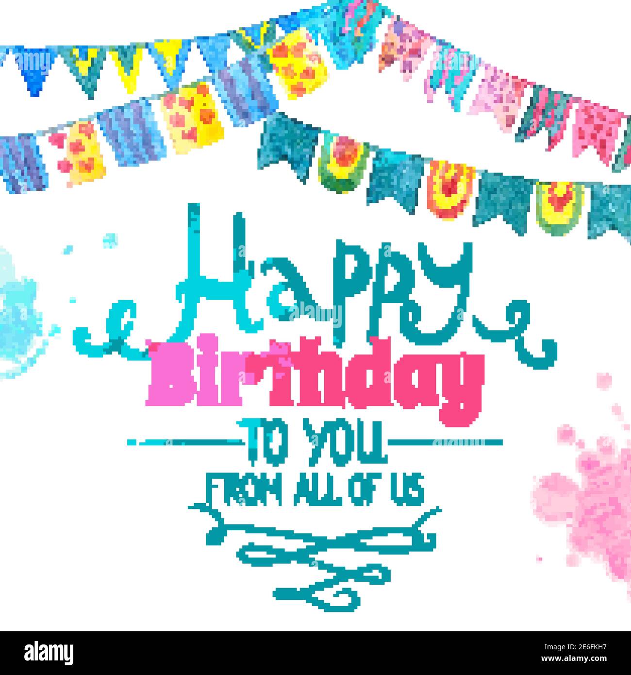 Happy birthday greeting card with water color flag garland vector illustration Stock Vector