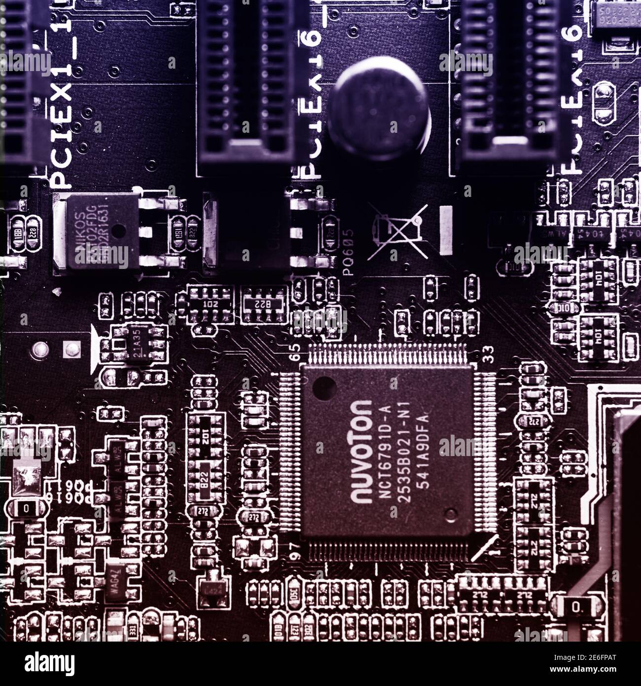 Gifhorn, Germany, Januara 16., 2021: Close-up view of a motherboard with the main processor and CPU of the computing machine. Stock Photo