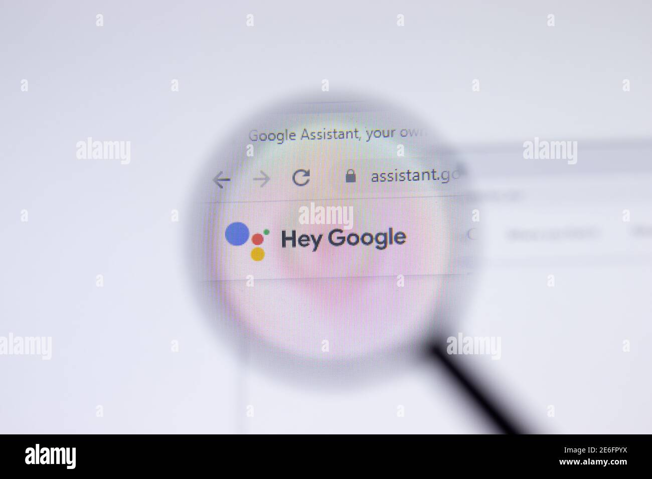 Saint Petersburg, Russia - 28 January 2021: Hey Google Assistant website page with logo close-up, Illustrative Editorial Stock Photo