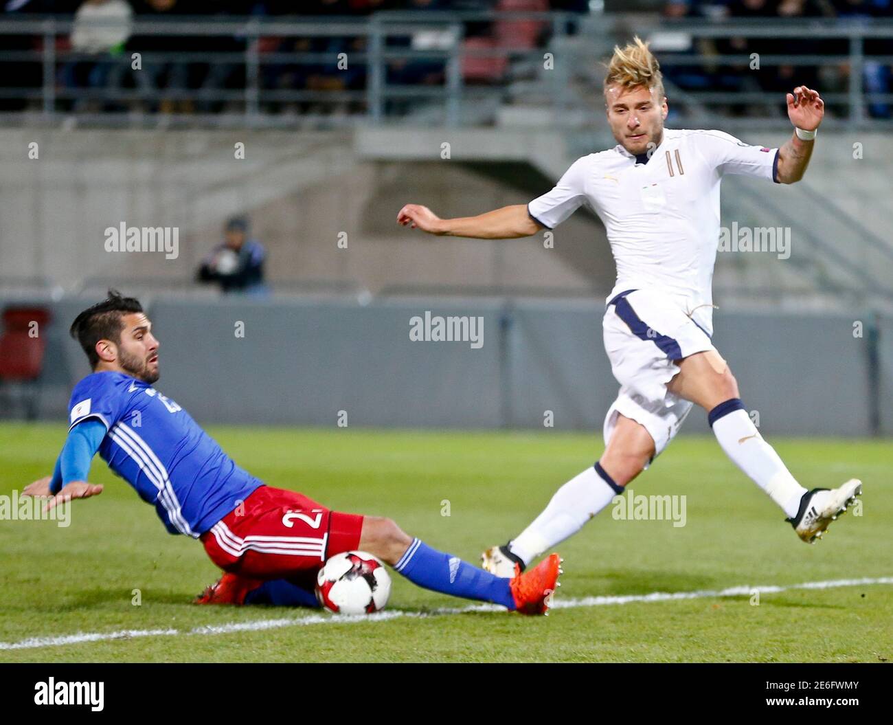 Football Soccer Liechtenstein V Italy World Cup 18 Qualifier Rheinpark Stadium Vaduz Liechtenstein 12 11 16 Italy S Ciro Immobile And Liechtenstein S Daniel Kaufmann In Action Reuters Arnd Wiegmann Stock Photo Alamy
