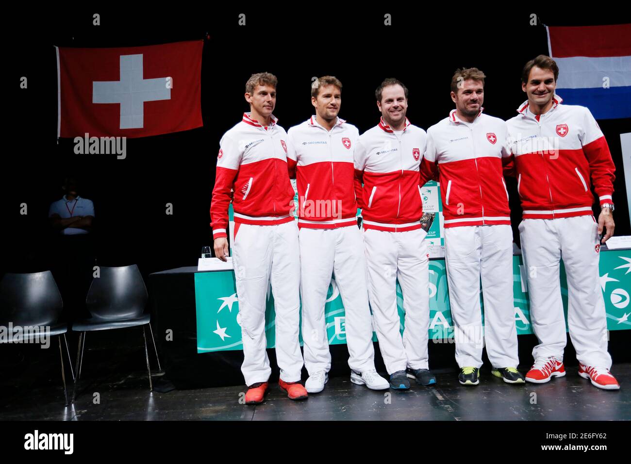 Swiss tennis team members (L to R) Henri Laaksonen, Marco Chiudinelli,  captain Severin Luethi, Stan Wawrinka and Roger Federer attend the draw  ceremony for Swiss and Dutch Davis Cup teams ahead of
