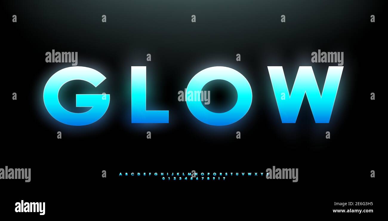 Blue glowing bold font. Futuristic vibrant gradient English letters, numbers, and symbols. Design for title, banner, poster, etc. Vector illustration. Stock Vector